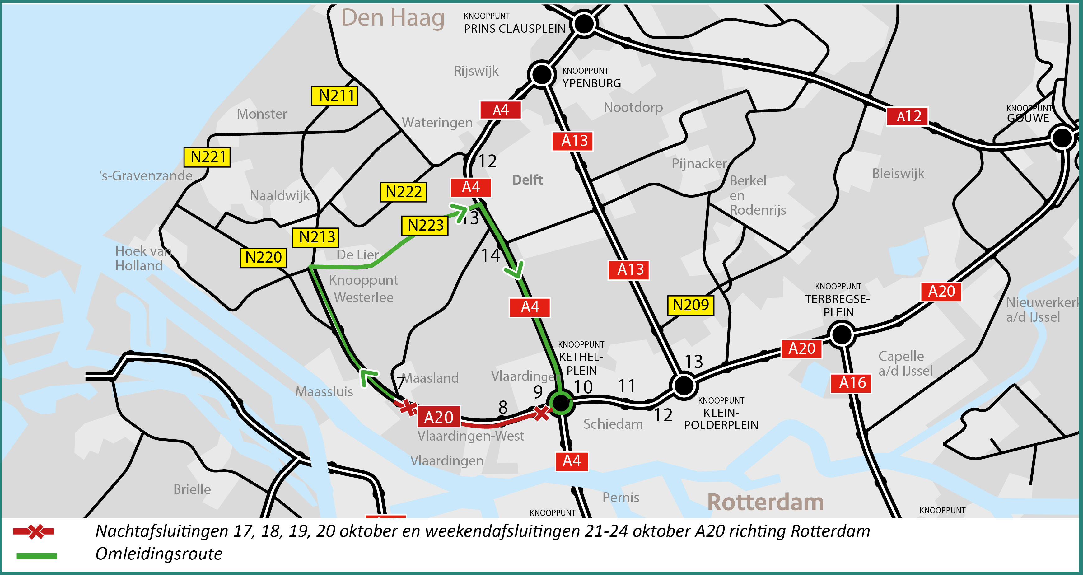 Nacht- en weekendafsluitingen A20 richting Schiedam