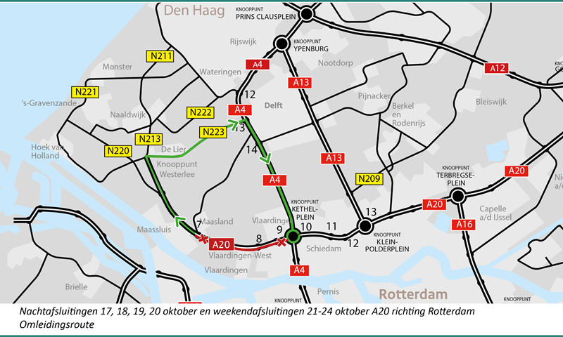 Nacht- en weekendafsluitingen A20 richting Schiedam