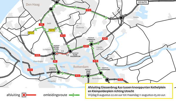 Giessenbrug A20 twee weekeinden dicht voor wegverkeer in augustus