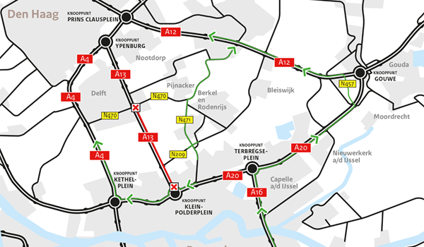 Weekendafsluiting A13 richting Den Haag