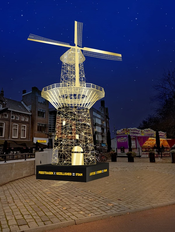 Knipoog naar jeneverstad Schiedam en een molen op Koemarkt