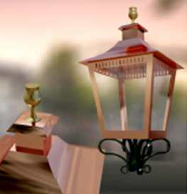 Historisch uitziende lantaarnpalen met erbovenop een 'jeneverglaasje'