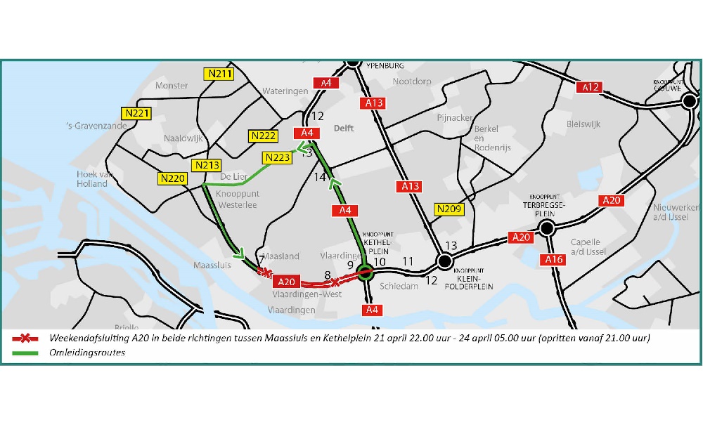 Nachtafsluiting en weekendafsluiting A20 bij Kethelplein